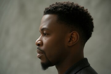 Young black man in profile with short curly hair and goatee against textured grey background