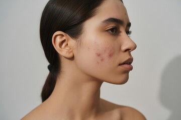 Young woman with acne in profile against a white background
