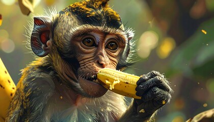 Close-up of a monkey eating a banana in a lush, green tropical environment