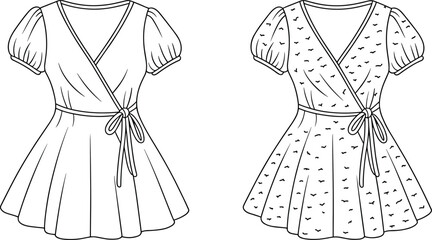 Women’s puff sleeve wrap dress collection, CAD fashion drawing, flat vector illustration, garment template, stylish clothing design, editable outline, apparel sketch