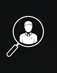 Icon of a person inside a magnifying glass, against a black background