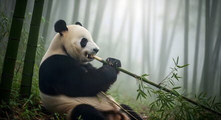 Fototapeta premium Giant panda enjoying a peaceful meal of fresh bamboo in a serene and misty forest, showcasing the beauty of wildlife in its natural habitat
