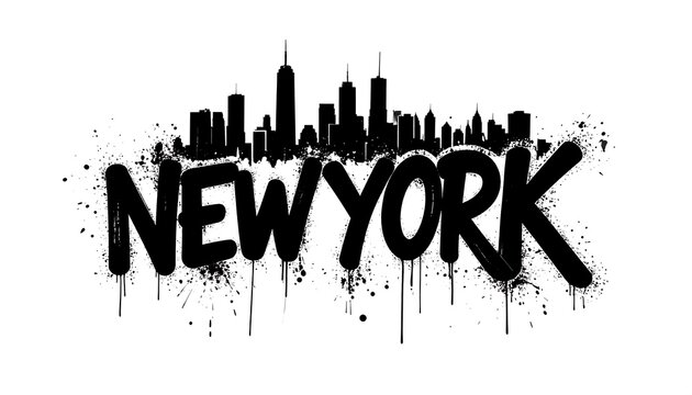 Fototapeta Silhouette cityscape with graffiti-style "NEW YORK" text, splatters, and a white background. Black and white urban scene