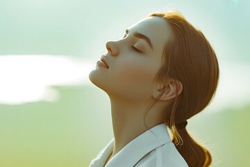 Young woman with eyes closed, breathing fresh air outdoors with a serene expression