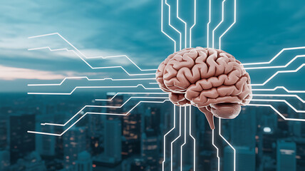 Artificial intelligence brain connected to luminous circuit lines over a modern city skyline symbolizing data networks analytics cloud computing and smart urban technology