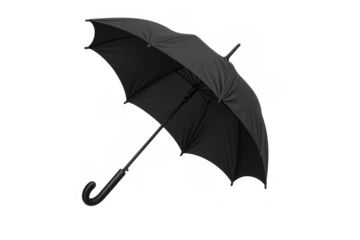 Black umbrella open and expanded for rain protection, providing shelter from wet weather, transparent background