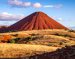 Large red conical hill rising from golden fields under a blue sky