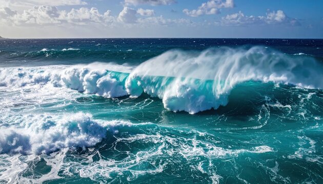 Large wave crests, crashing in turbulent, turquoise ocean water