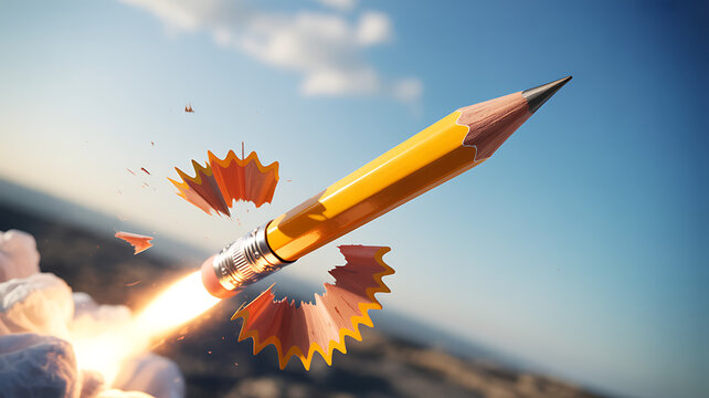 Yellow pencil launches like a rocket with flying shavings and fiery exhaust symbolizing creativity writing education startup energy speed and powerful inspiration in a blue sky