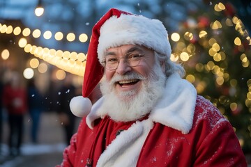 A jolly santa claus smiling warmly in a festive outdoor setting with bokeh lights