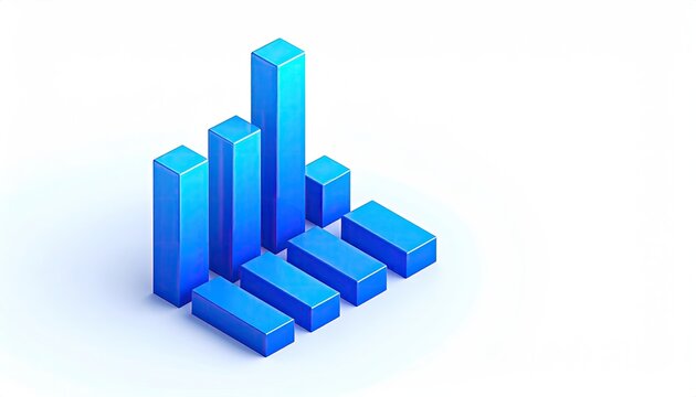 Blue bar graph ascending on white backdrop, isometric view
