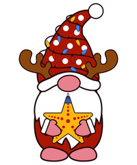 Cute Christmas Gnome with Reindeer Antlers Holding Ornament – Festive Holiday Vector Illustration