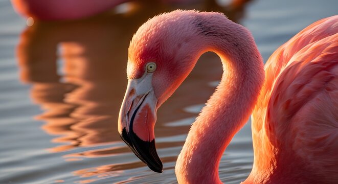 Graceful portrait of a vibrant pink flamingo with a curved neck wading in serene water with golden sunset reflections - Powered by Adobe