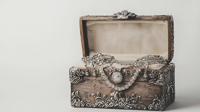 Ornate wooden box containing sparkling silver gemstone necklace