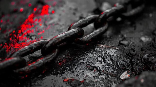 Dark Metal Chain on Grungy Surface with Red Splatter Abstract Detail