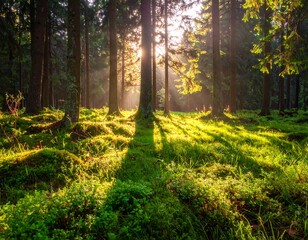 Sunlight streams through trees, casting shadows on the forest floor