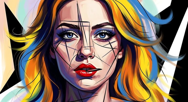Artistic Portrait of a Woman with Colorful Hair and Geometric Lines.
