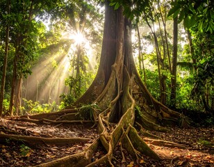 Sunlight streams through forest canopy, illuminating a large tree's exposed roots