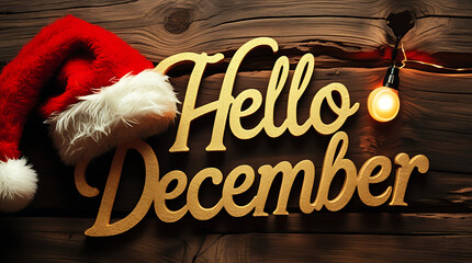 “Hello December” in glossy gold script with a Santa hat resting on a dark wooden background, HD and 4k image