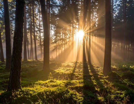 Sunlight streams through forest canopy, illuminating the ground