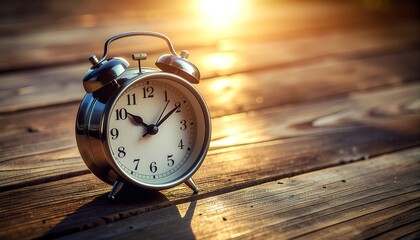 Brass Alarm Clock on Wooden Table at Sunset A Timeless Reminder of the Day's Passage