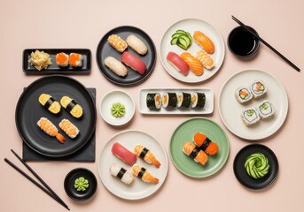 Assortment of meticulously prepared Japanese seafood and rice preparations arranged on various plates overhead