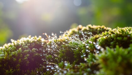 Close-up of moss with water droplets, illuminated by sunlight. Capturing the beauty of nature