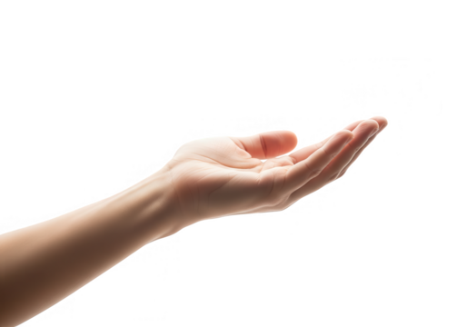 Open hand reaching out, isolated on transparent background