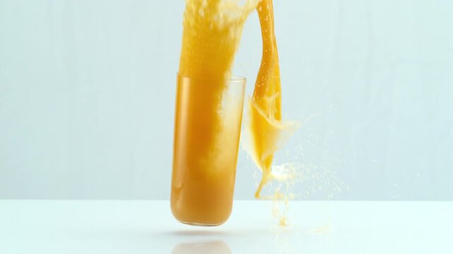 Glass of orange juice falling and spilling in slow motion