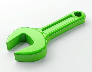 Green wrench tool on bright white, simple, studio shot