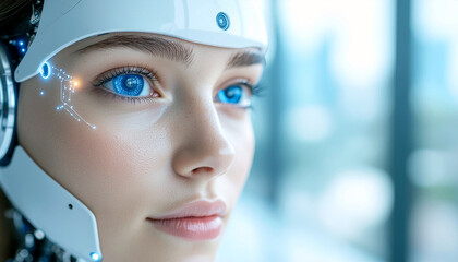Futuristic AI woman with stunning blue eyes, technology and innovation meet beauty in a captivating cyborg portrait, a face of tomorrow