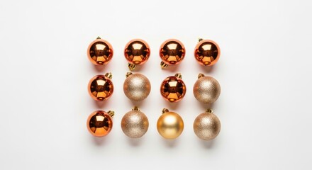 Golden and Bronze Christmas Ornaments Arranged on White Background.