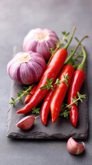 Vibrant Red Hot Chilies and Purple Garlic Cloves Arranged on a Slate Plate with Fresh Thyme Sprigs Sprinkled with Salt on a Dark Textured Background