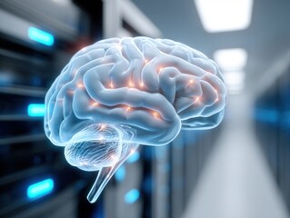 A glowing, translucent digital brain model hovers in a futuristic data center, symbolizing AI, neural networks, and advanced computing.