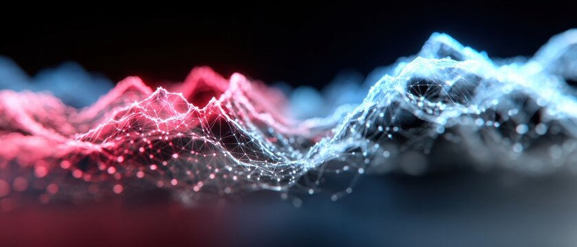 Abstract digital mesh landscape with red and blue glowing peaks connected by a network of white nodes and lines on a dark background. - Powered by Adobe