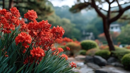Vibrant Red Wildflowers With Water Droplets in a Lush Garden With Soft Green Foliage and a Distant Building Under Soft Natural Light