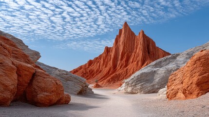 Vibrant Red Sandstone Cliffs Under a Brilliant Blue Sky With Wispy White Clouds Detailed Landscape Scenery