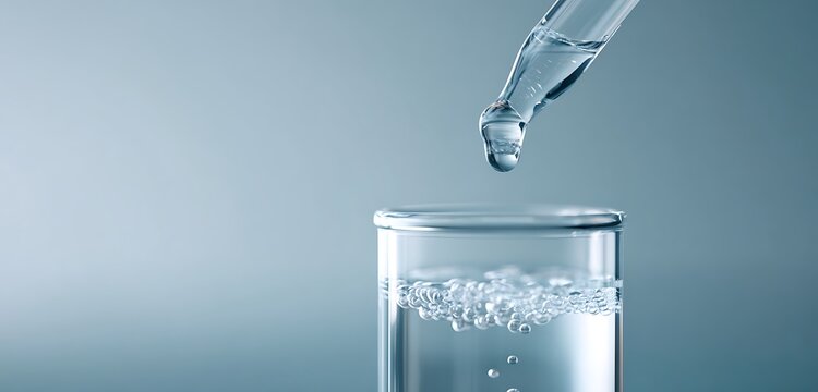 High-definition close-up of pipetting viscous liquid into transparent glass beaker