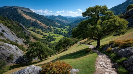 Vibrant Rolling Hills Landscape With a Winding Path Through Green Meadows Under a Clear Blue Sky With Sunlight