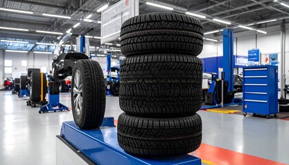 Tires stacked in a modern auto repair shop