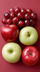 Vibrant Studio Flat Lay of Fresh Red and Green Apples with Ripe Red Grapes on a Deep Red Background with Subtle Lighting