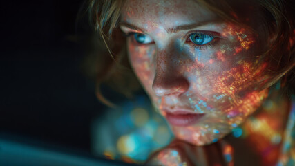 Business woman holding tablet with holographic data, binary code, and glowing orbs overlay in vivid neon gradients, futuristic cyber tech aesthetic.