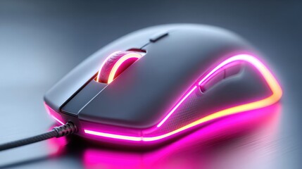 A sleek black gaming mouse with vibrant pink and orange LED lighting glows on a dark surface, highlighting its ergonomic design and scroll wheel.