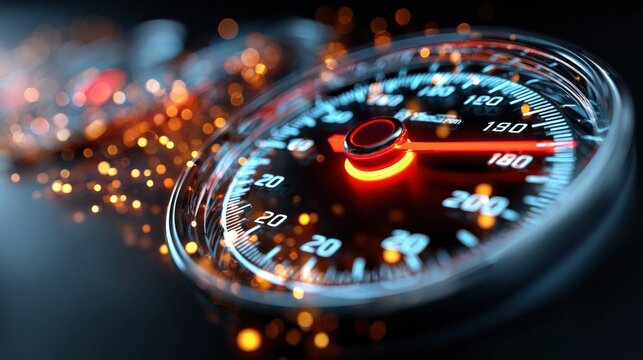 A close-up of a speedometer with glowing lights and a fast-moving needle, symbolizing high speed and precision in motion.