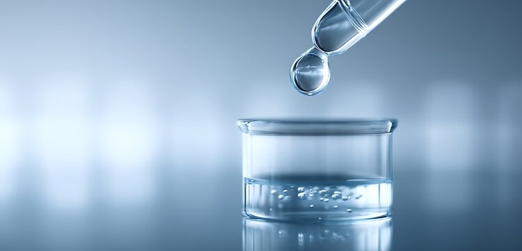 High-definition close-up of pipetting viscous liquid into transparent glass beaker