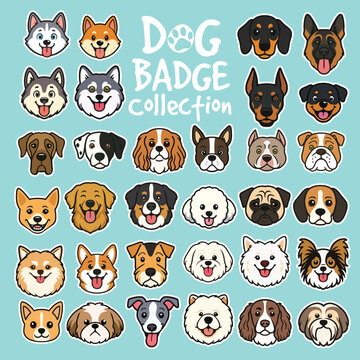 A playful Dogs Badge Vector Collection featuring various dog breeds in cute, modern line art style. Perfect for stickers, branding, apparel design, and pet-themed projects. Provided in EPS format for 