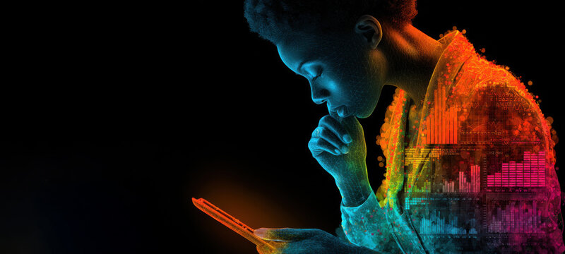 Business woman holding tablet with holographic data, binary code, and glowing orbs overlay in vivid neon gradients, futuristic cyber tech aesthetic.