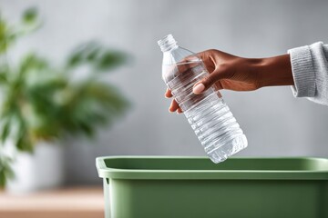 Single hand holding a clear plastic bottle above a green recycling bin on a white background, soft lighting, modern minimal eco design with text space.