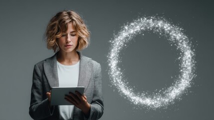 30s business woman holding a tablet surrounded by holographic big data visualizations, futuristic concept of analytics and digital innovation.