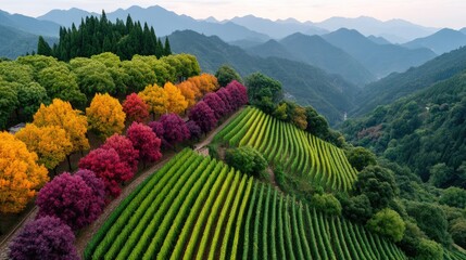 Vibrant Terraced Hillside Vineyard With Rows Of Green Crops And Colorful Trees In Autumn Under Soft Sky